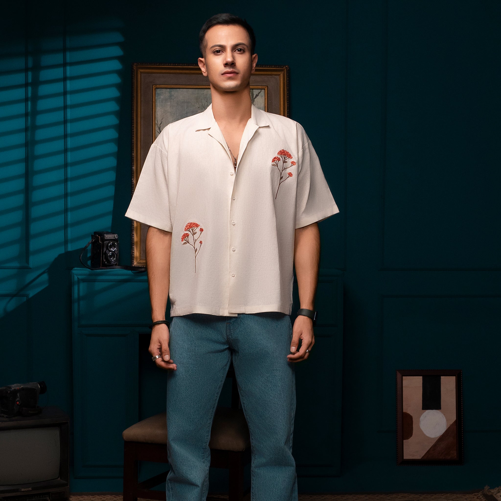 Ecru Bloom - Embroidered Linen Shirt