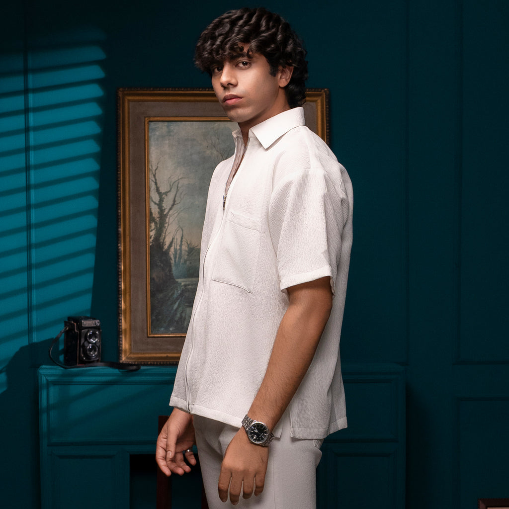 Textured Zip Shirt – Super White