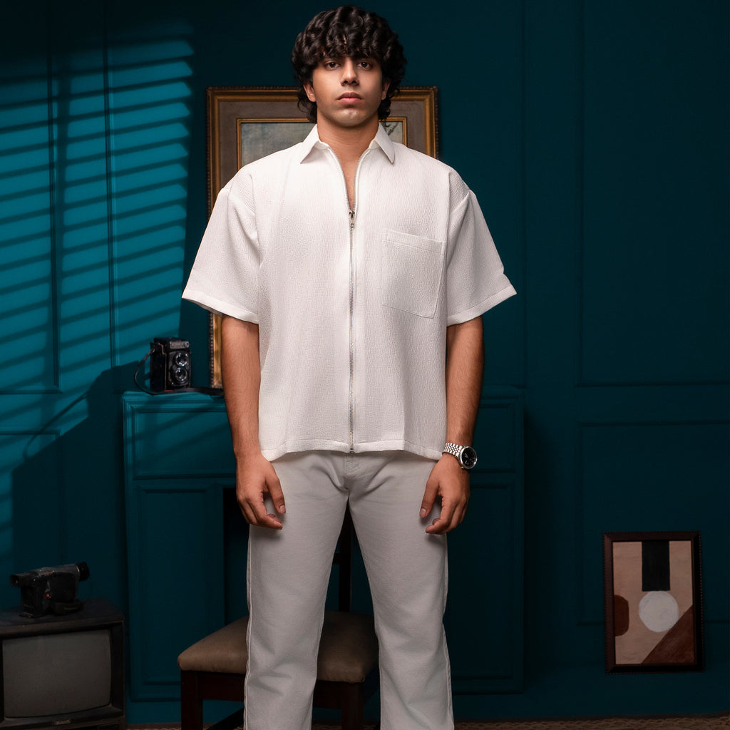 Textured Zip Shirt – Super White